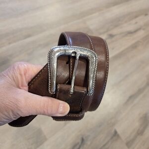 SILVER CREEK Mens Sz 46 Classic Brown Cowboy Western Leather Belt  Silver Vtg